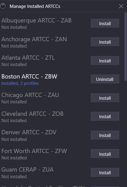 Managing installed ARTCCs