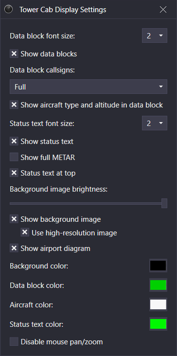 Tower Cab display settings