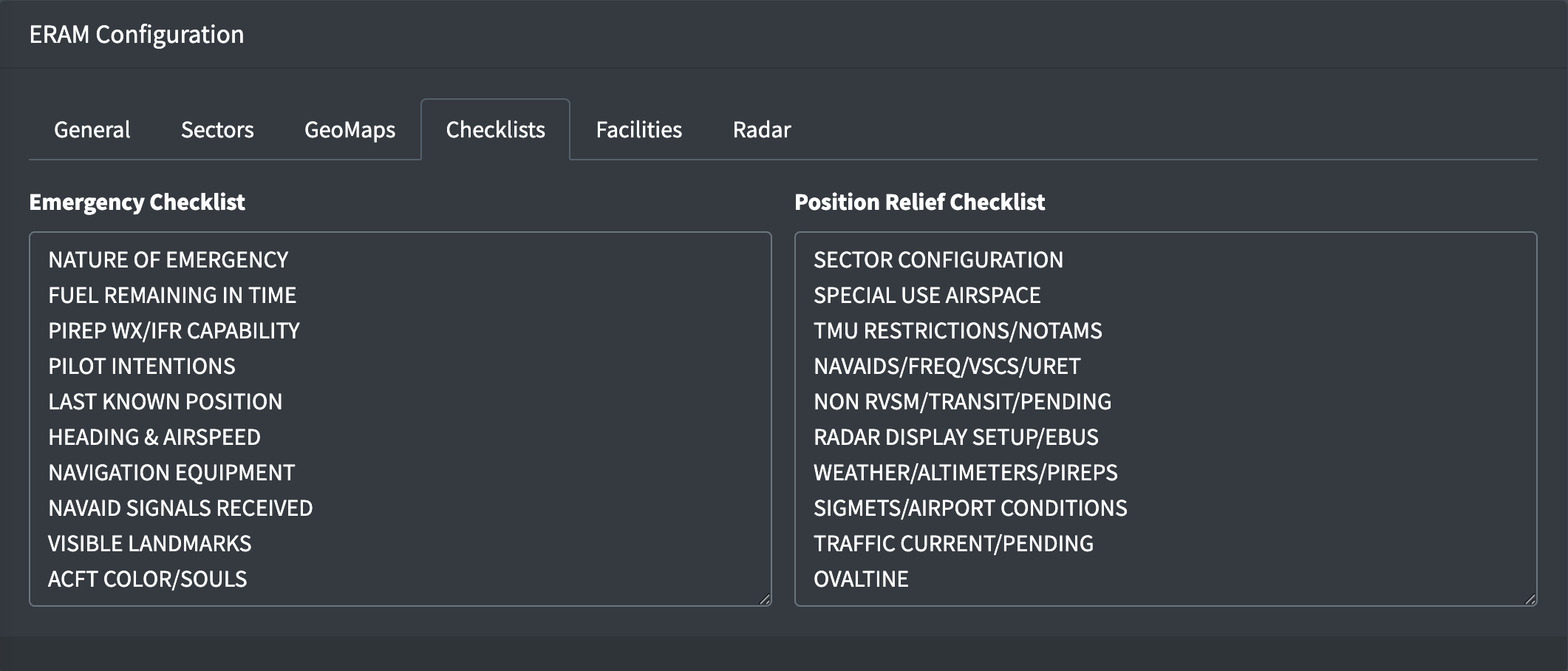 Checklist items