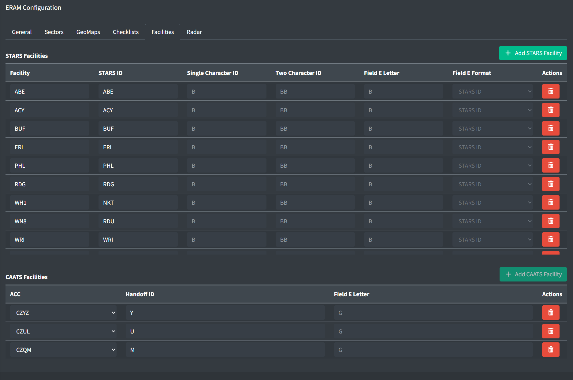 Facilities tab