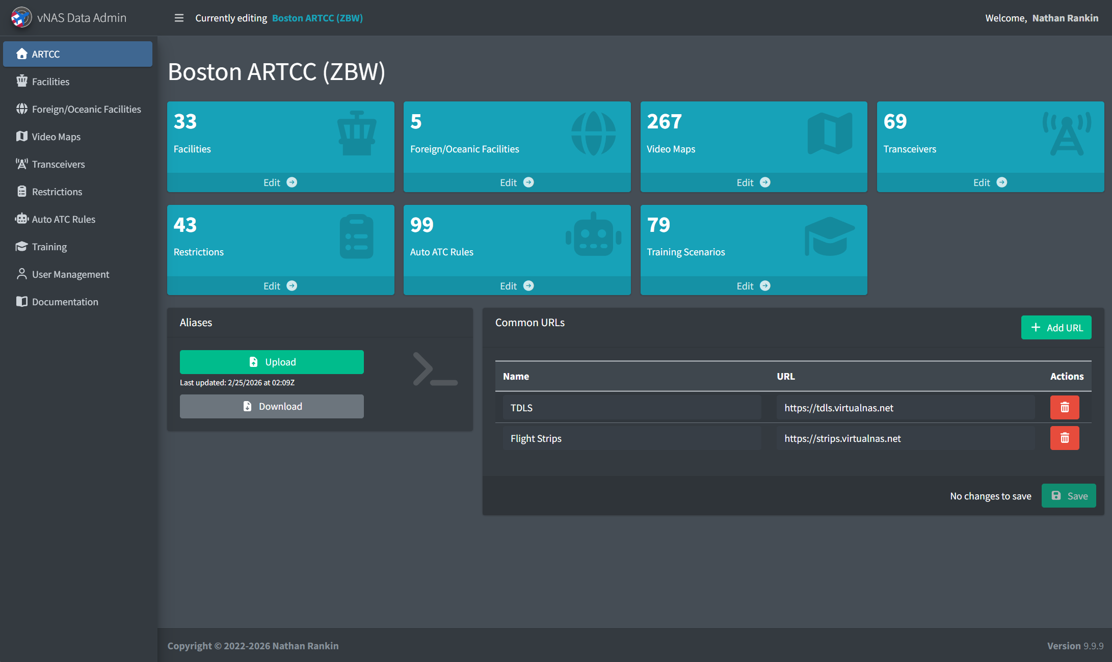 vNAS Data Admin homepage