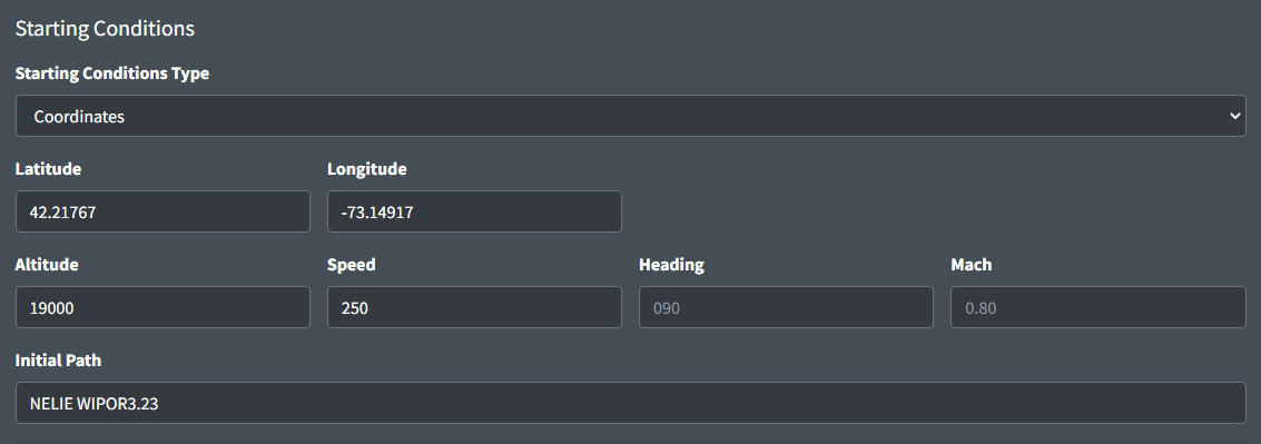 Aircraft Coordinates Starting Conditions